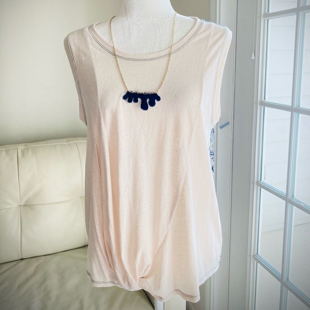Hem & Thread Jersey Tank Top Blouse Sz M Leather Hide Fur Necklace Sweater Chain